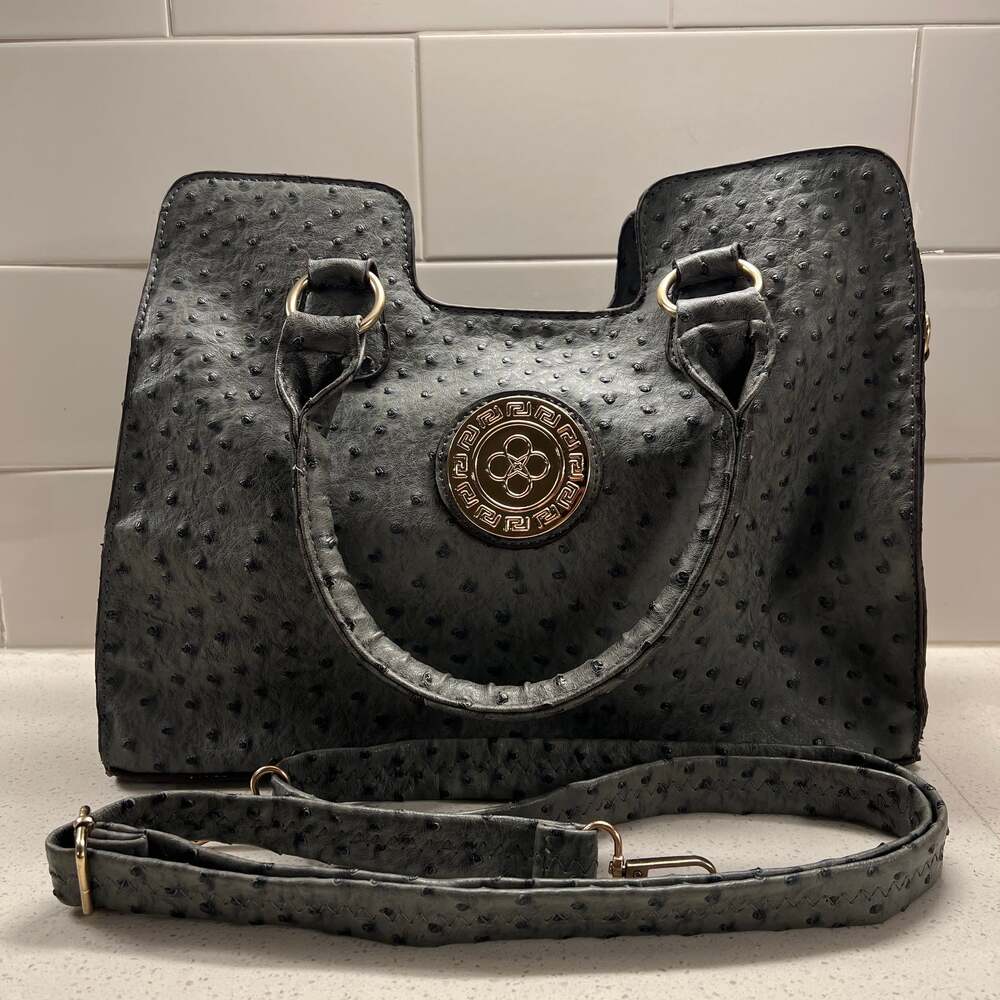London Fog Black Vegan Ostrich Leather Satchel Handbag